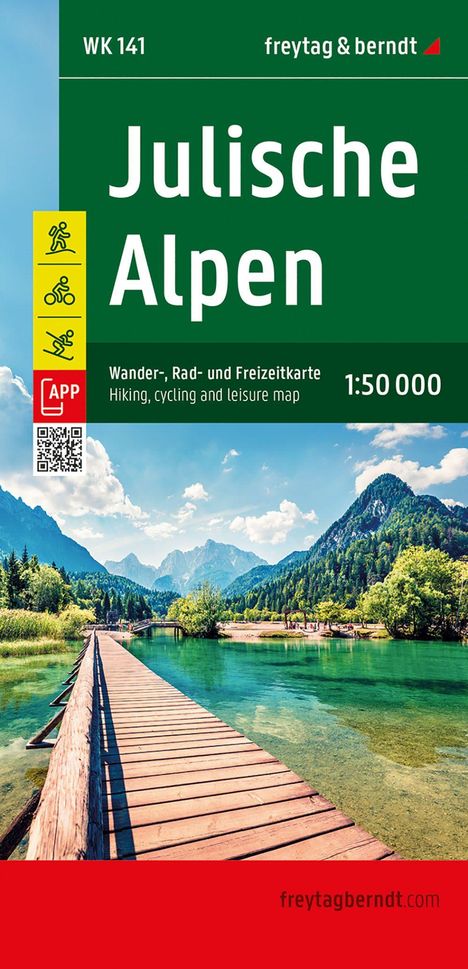 "Julische Alpen" und "Wander-, Rad- und Freizeitkarte 1:50 000". Holzsteg über türkisfarbenem Wasser vor Bergkulisse.