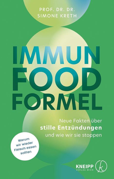 Texte: "IMMUN FOOD FORMEL", "Neue Fakten über stille Entzündungen", "Warum wir wieder Fleisch essen sollten". Grüner Hintergrund.
