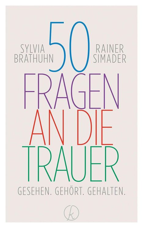"Sylvia Brathuhn, Rainer Simader: 50 Fragen an die Trauer. Gesehen. Gehört. Gehalten." Darunter ein rundes Logo.