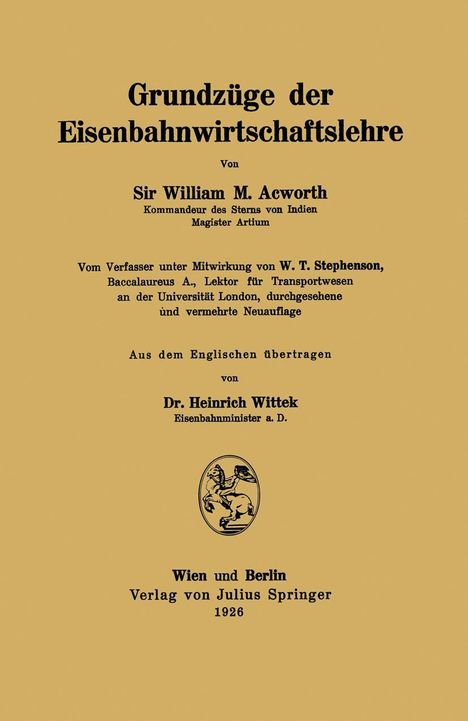 William M. Acworth: Grundzüge der Eisenbahnwirtschaftslehre, Buch