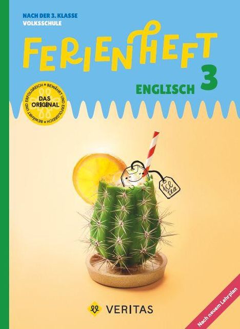 "FERIENHEFT 3" in großen Buchstaben. Darunter ein Kaktus mit Zitronenscheibe, Strohalm und einer Trinkfliege.