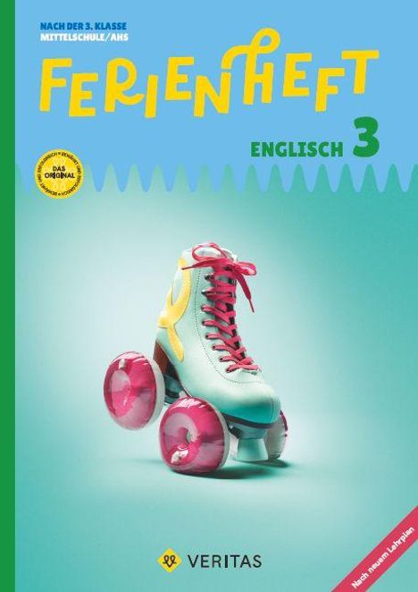 Text: "FERIENHEFT ENGLISCH 3". Ein bunter Rollschuh mit rosafarbenen Rollen vor einem schlichten, hellblauen Hintergrund.