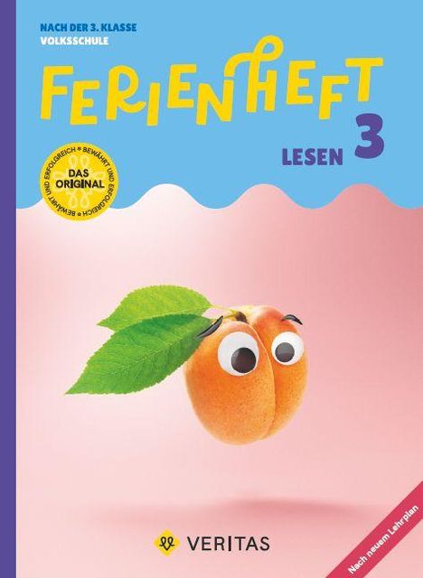 "Ferienheft Lesen 3" steht in bunten Buchstaben. Eine Aprikose mit Kulleraugen und Blättern schwebt auf rosa Hintergrund.