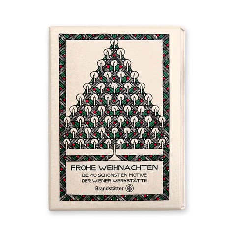 Text: "FROHE WEIHNACHTEN DIE 10 SCHÖNSTEN MOTIVE DER WIENER WERKSTÄTTE Brandstätter". Bild eines stilisierten Weihnachtsbaums.