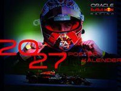 "2027 Poster Kalender" in großen roten Buchstaben, Rennfahrer mit Helm im Hintergrund, Formel-1-Wagen unten.