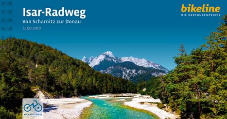 Oben: „Isar-Radweg, Von Scharnitz zur Donau, 1:50.000“. Rechts oben: „bikeline“. Fluss durch Wald, Berge im Hintergrund.