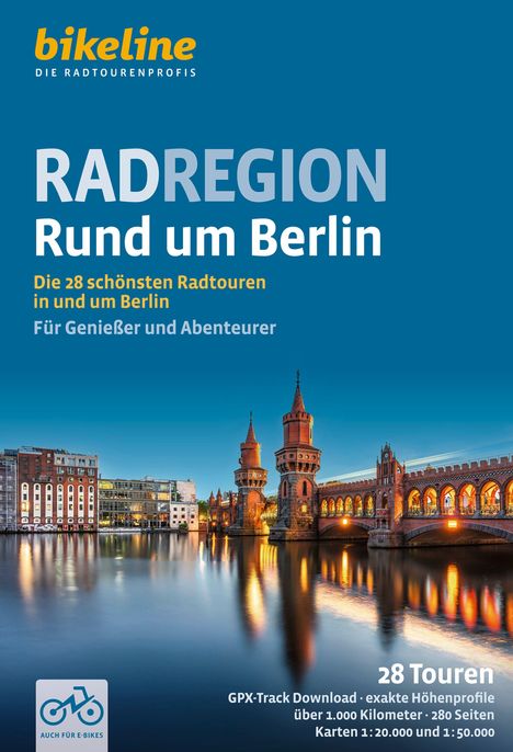 "RADREGION Rund um Berlin. 28 Radtouren. Illustration: Oberbaumbrücke, Stadtbild mit Wasser, modernes Gebäude links."