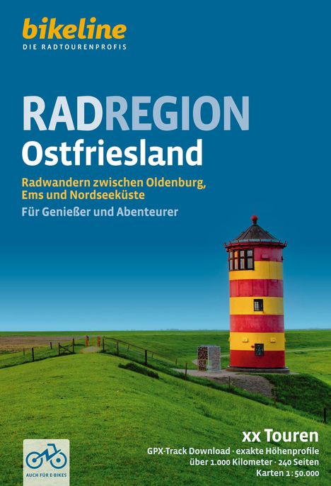 „bikeline DIE RADTOURENPROFIS“, „RADREGION Ostfriesland“, „GPX-Track Download“, „xx Touren“. Leuchtturm auf grüner Wiese.