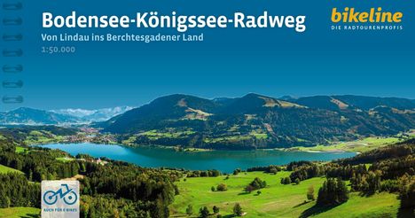 "Bodensee-Königssee-Radweg", "Von Lindau ins Berchtesgadener Land", "bikeline". Ansicht von Bergen und einem See.