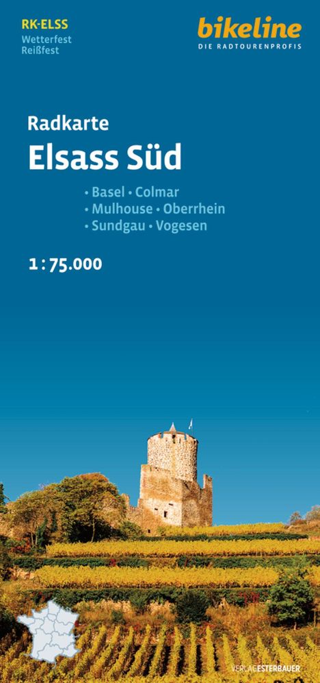 Radkarte Elsass Süd. Städte: Basel, Colmar. Burg über bunten Weinbergen vor klarem Himmel.