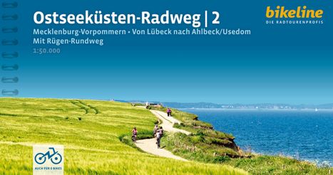 Titel: Ostseeküsten-Radweg 2. Text: Mecklenburg-Vorpommern, Von Lübeck nach Ahlbeck/Usedom, Mit Rügen-Rundweg. Logo: Bikeline. Продовжити білетом? Картинка: берегова дорога.