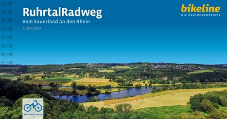 Titel: RuhrtalRadweg - Vom Sauerland an den Rhein. Maßstab: 1:50.000. Logo oben rechts: bikeline. Landschaft mit Fluss.