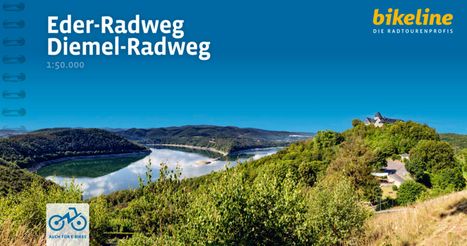 "Eder-Radweg Diemel-Radweg 1:50.000", Logo "bikeline" oben, Landschaft mit Fluss, Hügel und Schloss, Symbol für E-Bikes.