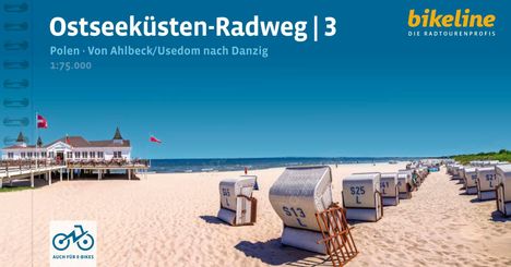 „Ostseeküsten-Radweg | 3“, „Polen - Von Ahlbeck/Usedom nach Danzig“, „1:75.000“, „bikeline“, „AUCH FÜR E-BIKES“. Strandkorb am Strand.