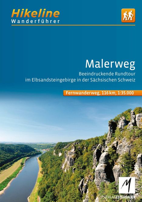 „Hikeline Wanderführer“, „Malerweg“, „Beeindruckende Rundtour im Elbsandsteingebirge“. Naturpanorama mit Fluss und Felsen.