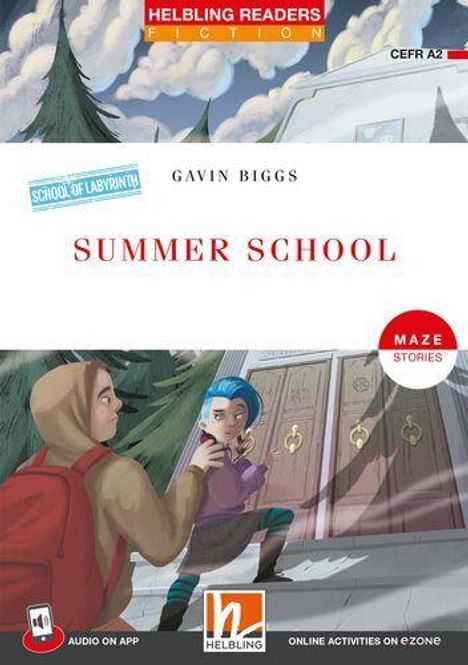 "Summer School" von Gavin Biggs. Zwei Personen vor einem großen Gebäude, Bäume im Hintergrund.