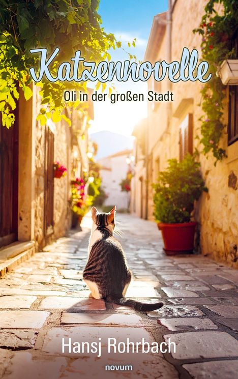 "Katzennovelle: Oli in der großen Stadt" von Hansj Rohrbach. Eine Katze sitzt in einer sonnigen Gasse.