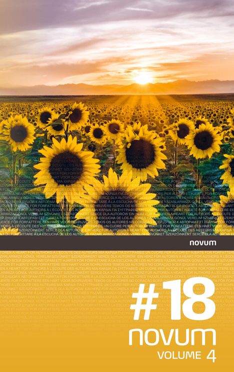 #18 novum VOLUME 4. Ein Feld voller Sonnenblumen bei Sonnenuntergang, im Hintergrund Berge.