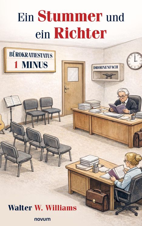 Ein Stummer und ein Richter. BÜROKRATIESTATUS 1 MINUS. DROHNENFACH. Eine Illustration eines Büros mit zwei Personen.