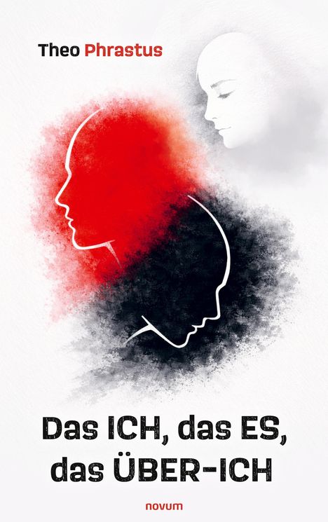 Text: Theo Phrastus, Das ICH, das ES, das ÜBER-ICH, novum.  
Illustration: Drei nachdenkliche Gesichter in Rot, Schwarz und Weiß.