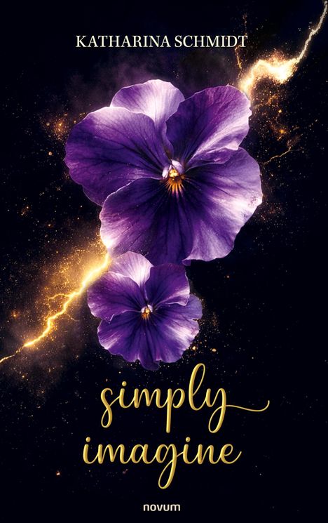 "KATHARINA SCHMIDT", "simply imagine". Zwei violette Blumen auf schwarzem Hintergrund mit goldenen Blitzen.