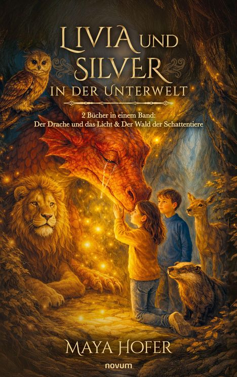 Titel und Text: "Livia und Silver in der Unterwelt". Illustration: Ein Mädchen berührt einen großen, sanften roten Drachen.