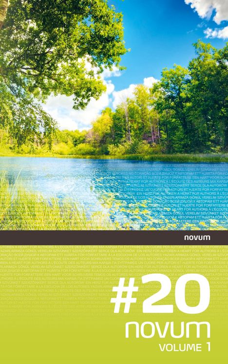 #20 novum VOLUME 1. Ein See mit Bäumen unter blauem Himmel. Unten Textzeilen, oben links Baumkronen.