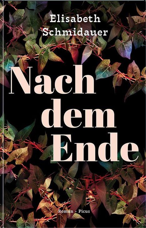 „Elisabeth Schmidaur, Nach dem Ende, Roman, Picus“. Bunte Blätter ranken über einen schwarzen Hintergrund.