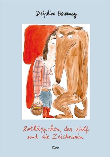 Text: "Rotkäppchen, der Wolf und die Zeichnerin". Illustration zeigt Rotkäppchen mit einem großen, freundlichen Wolf.