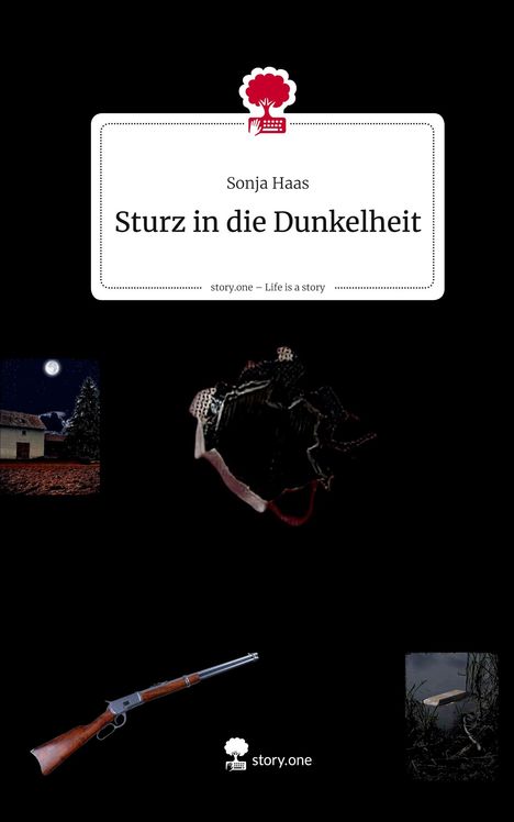 "Sturz in die Dunkelheit" von Sonja Haas. Logo mit Baum und Tastatur. Nachtlandschaft, zerbrochene Vase, Gewehr, Holz im Wasser.