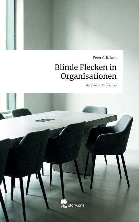 „Blinde Flecken in Organisationen“ von Peter C. B. Rost. Moderner Konferenztisch mit grauen Stühlen, viel Tageslicht.