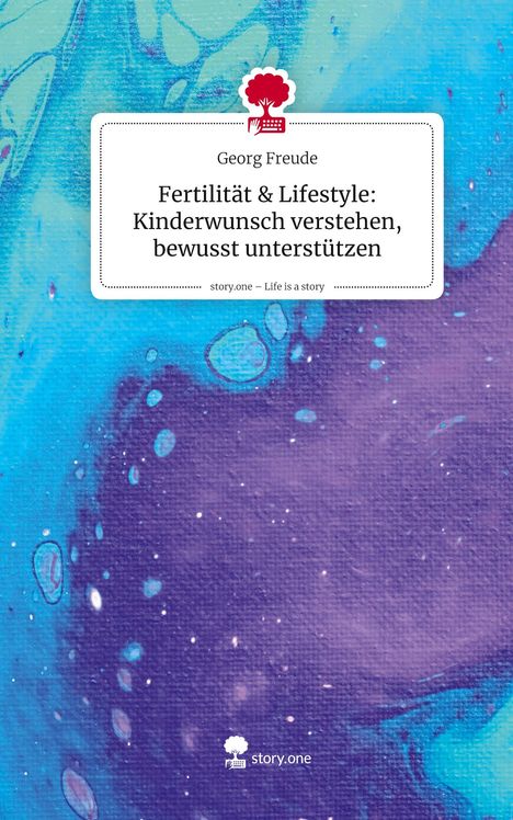 "Fertilität & Lifestyle: Kinderwunsch verstehen, bewusst unterstützen" in einem Rahmen auf marmoriertem blau-lila Hintergrund.