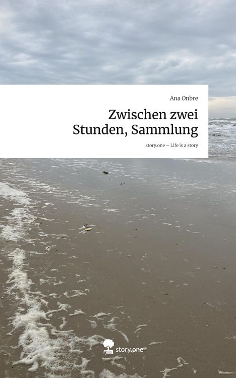 Zwischen zwei Stunden, Sammlung. Story.one – Life is a story. Sandstrand bei grauem Himmel und ruhiger Brandung.