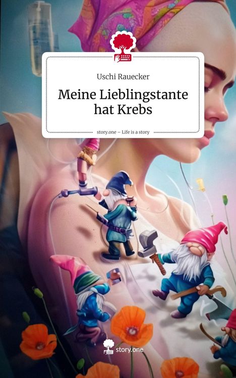 Illustration eines kahlen Menschen mit buntem Kopftuch, umgeben von Zwergen, die an ihrer Haut arbeiten; Mohnblumen umrahmen die Szene.