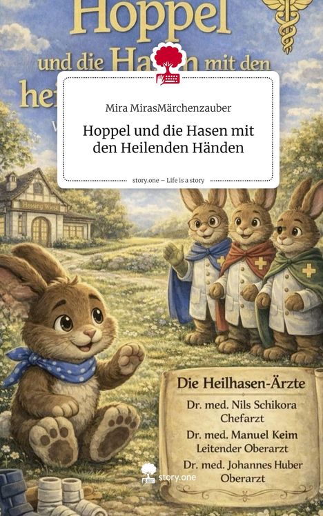 Titel: Hoppel und die Hasen mit den Heilenden Händen. Illustration von Hasen in Arztkitteln vor einem Landhaus.