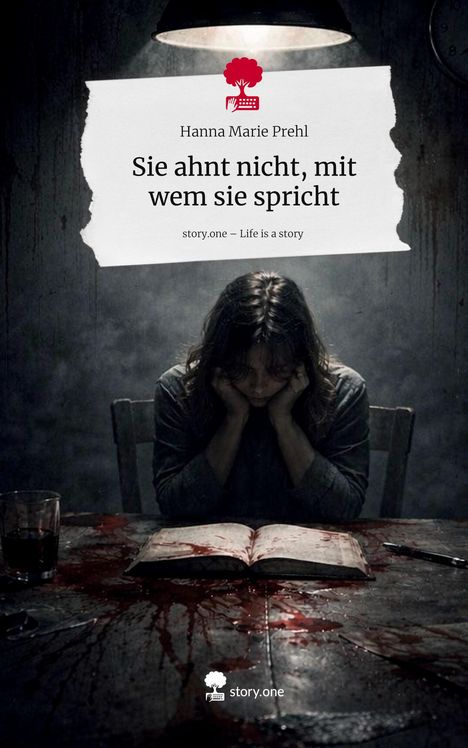 „Sie ahnt nicht, mit wem sie spricht.“ Eine Person sitzt mit gesenktem Kopf vor einem blutigen Buch auf einem Tisch.