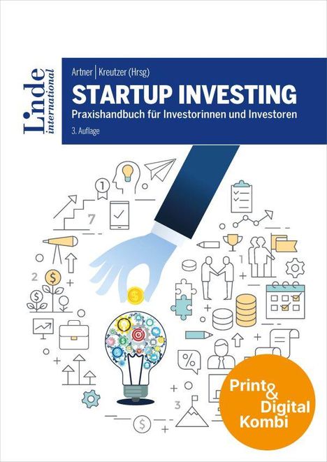 „STARTUP INVESTING“ mit Illustrationen: Hand lässt Münze in Glühbirne fallen, Symbole für Erfolg und Investitionen.