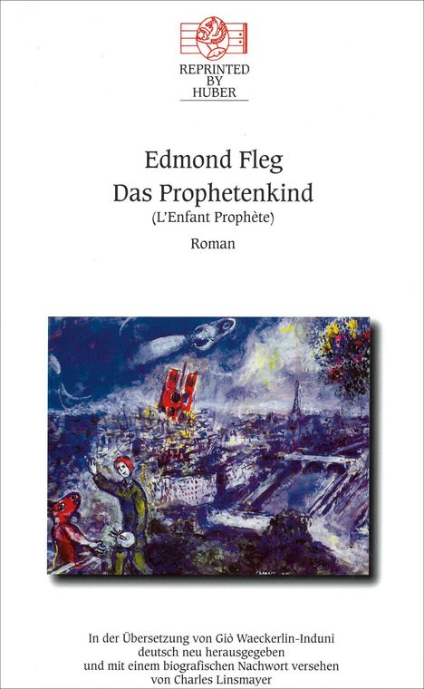 "Edmond Fleg, Das Prophetenkind. Illustration mit bunter Stadtszene, einer Figur und einem roten Tier."