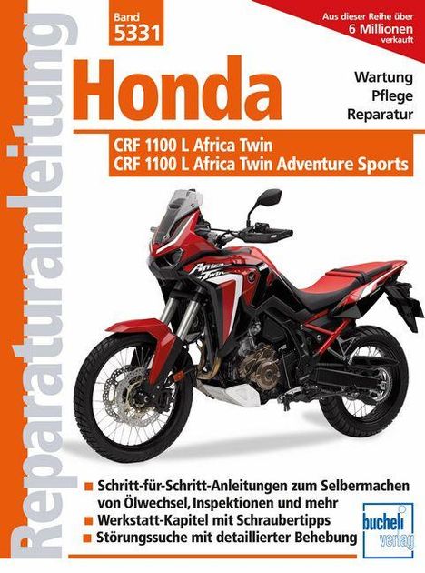 Reparaturanleitung Band 5331 Honda CRF 1100 L Africa Twin. Abgebildet ist ein rotes Motorrad auf weißem Hintergrund.