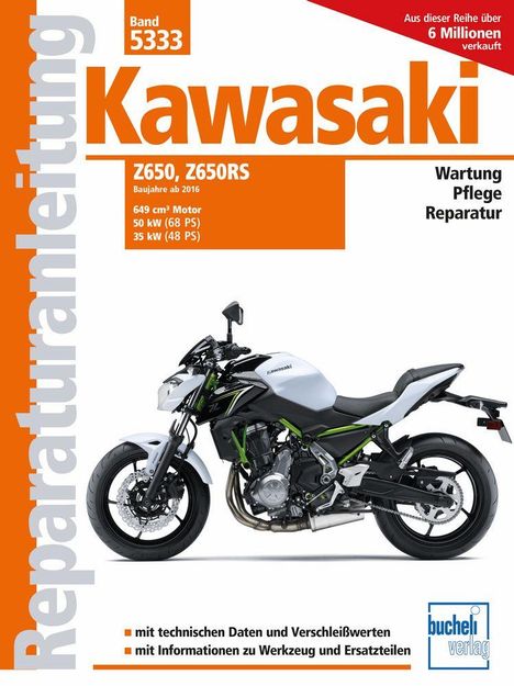 Text Werbung für Reparaturanleitung: Kawasaki Z650, Z650RS. Bild eines Motorrads von der Seite.