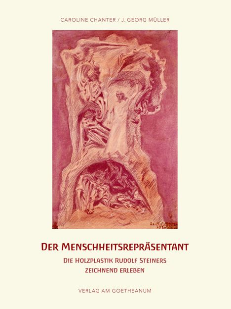 CAROLINE CHANTER / J. GEORG MÜLLER. Rötliche Zeichnung einer Holzskulptur mit komplexen Formen und menschlichen Figuren.