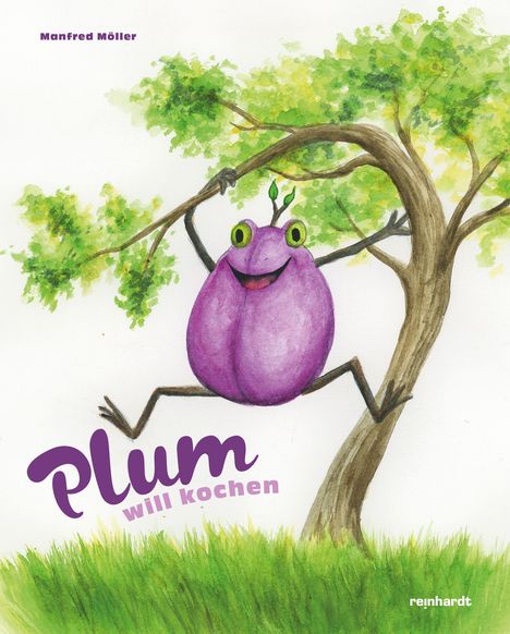Text: „Plum will kochen“. Illustration: Eine lila Frucht mit Gesicht schwingt fröhlich an einem Ast eines Baumes.