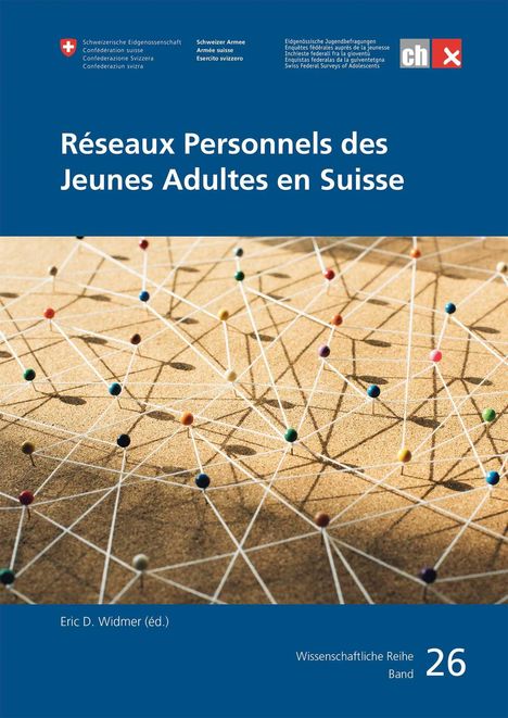 Titel: "Réseaux Personnels des Jeunes Adultes en Suisse". Fäden verbinden bunte Stecknadeln auf braunem Hintergrund.