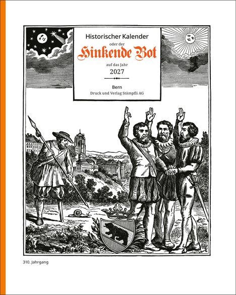 "Historischer Kalender oder der hinkende Bot auf das Jahr 2027" zeigt Männer in historischer Kleidung vor Landschaft mit Wappen.