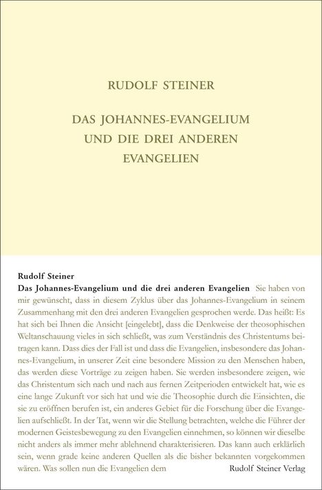 Titel: "Rudolf Steiner - Das Johannes-Evangelium und die drei anderen Evangelien". Text darunter beginnt damit, dass über das Johannes-Evangelium im Zusammenhang mit den anderen Evangelien gesprochen wird. Ganz unten: "Rudolf Steiner Verlag".