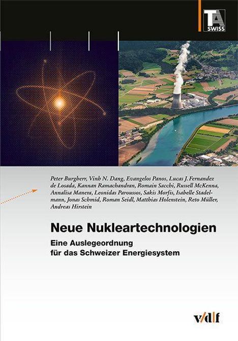 "Neue Nukleartechnologien: Eine Auslegeordnung für das Schweizer Energiesystem." Namenliste oben. Links Atom-Illustration, rechts Reaktor.