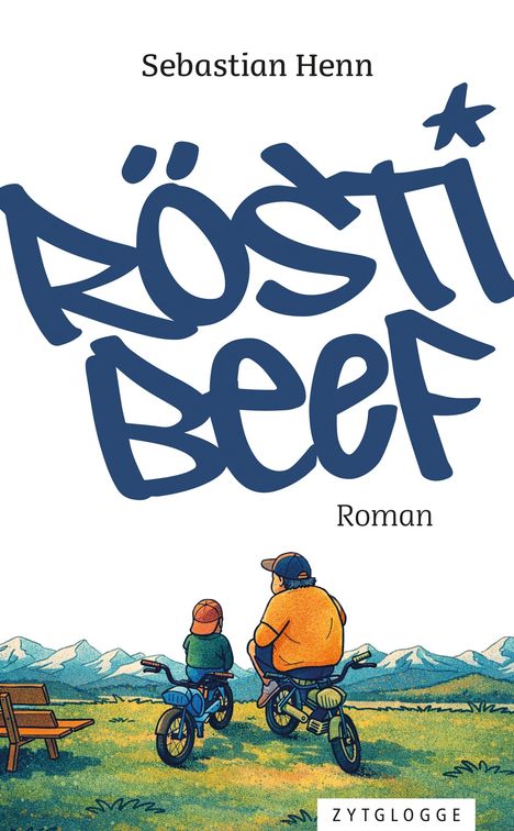 "Rösti Beef" in großer Schrift, darunter "Roman." Zwei Personen auf Fahrrädern blicken auf Berge.