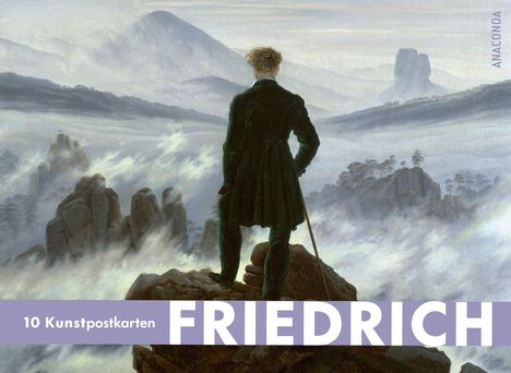 Text: "ANACONDA", "10 Kunstpostkarten FRIEDRICH". Illustration: Eine Person betrachtet eine neblige Berglandschaft.