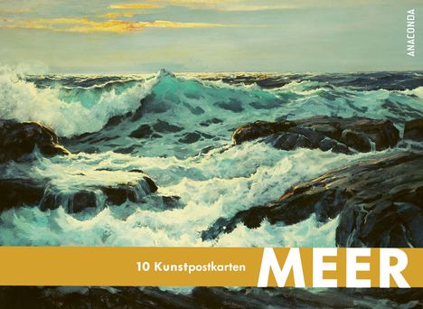 "10 Kunstpostkarten MEER" und "ANACONDA" auf einem Gemälde von stürmischen Wellen, die gegen Felsen schlagen.