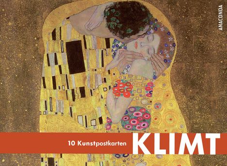 "10 Kunstpostkarten KLIMT" in weiß auf rotem Balken. Eine umarmende Paar-Illustration mit goldenen Mustern.